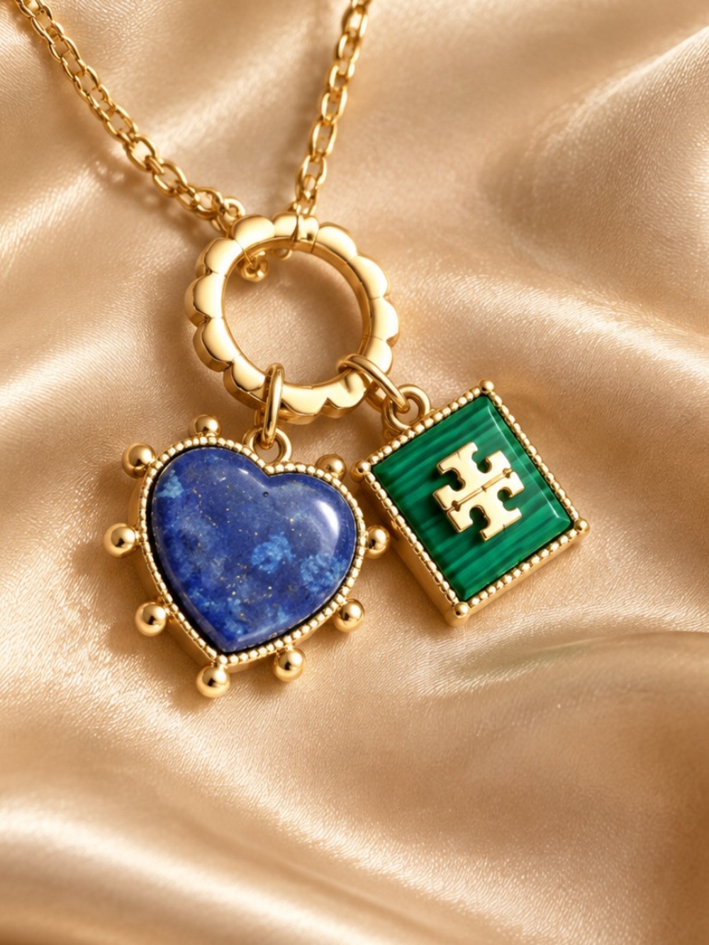 Tory Burch Gold Necklace with Heart and Square Charms